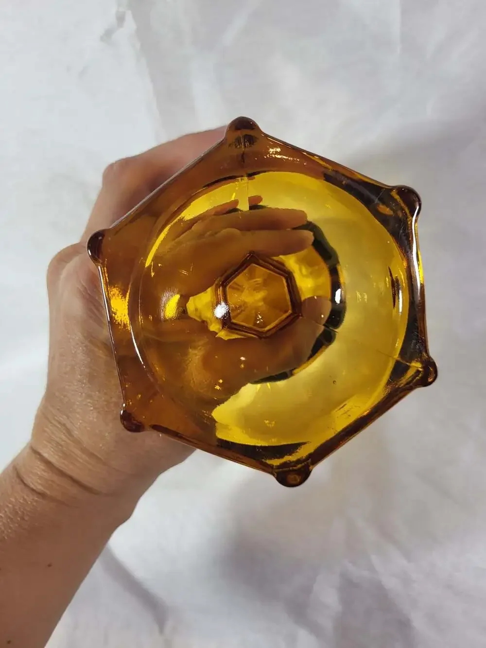 Vintage Viking Glass Mid-Century Modern Amber 6-Finger Pedestal Vase